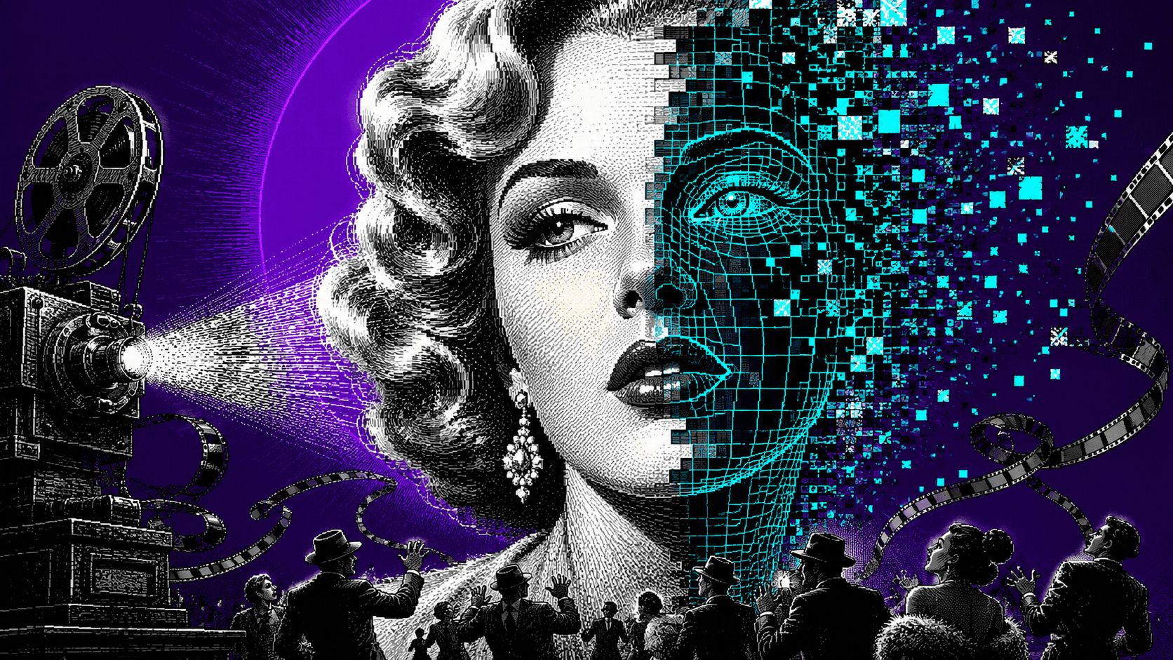 Portrait d'une star hollywoodienne de l'âge d'or en gravure noir et blanc pixelisée, dont la moitié droite du visage se désagrège en un maillage wireframe cyan et des pixels qui s'envolent ; un projecteur 35 mm la projette depuis la gauche, des pellicules serpentent et une foule panique en contrebas, dominante violet-prune, pixel art 16 bits.