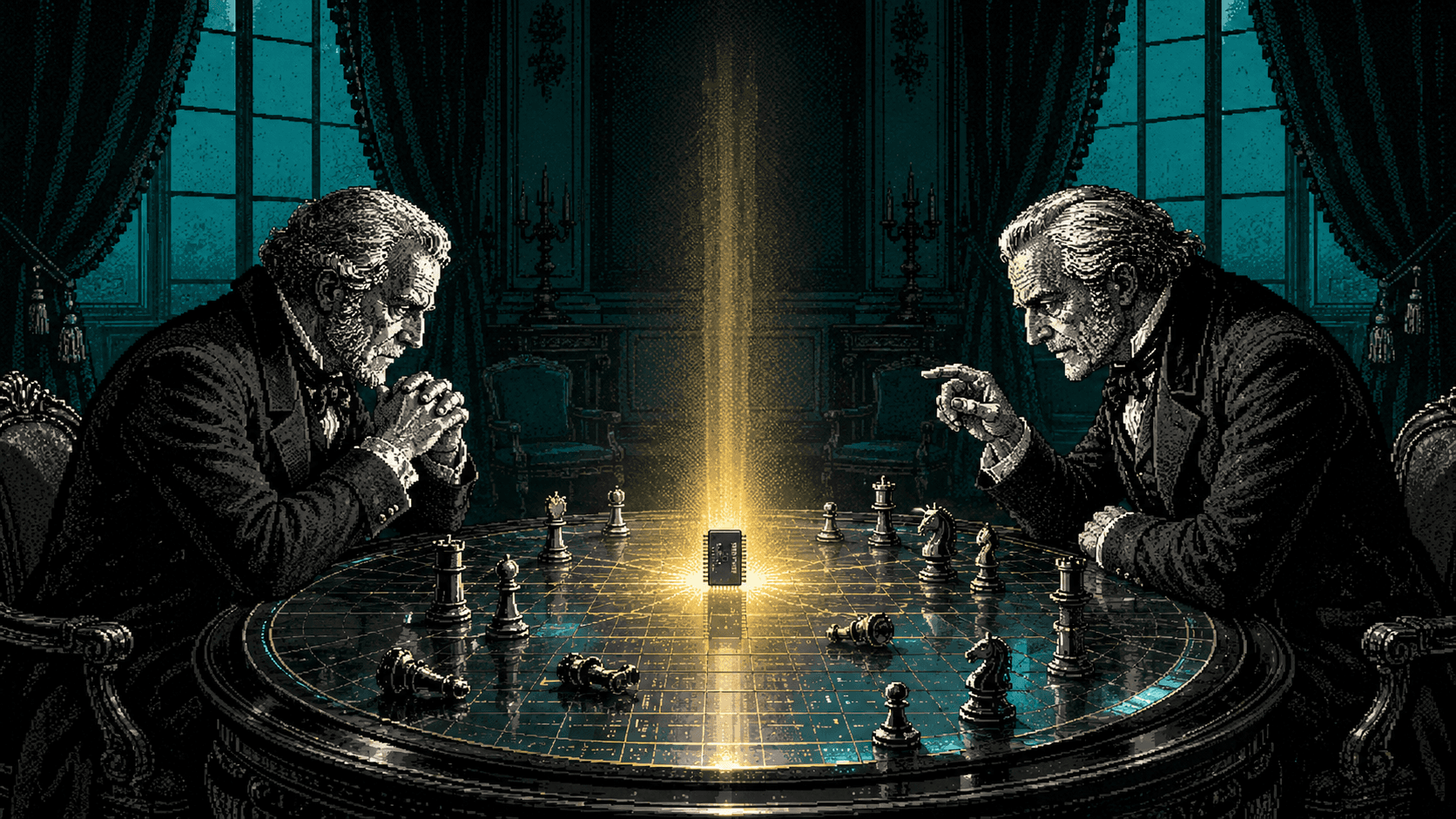 Deux stratèges en gravure noir et blanc face à face au-dessus d'un échiquier circulaire en wafer de silicium ; au centre, une puce électronique dressée dans un halo jaune rayonnant, salon diplomatique teal en pénombre, pixel art.