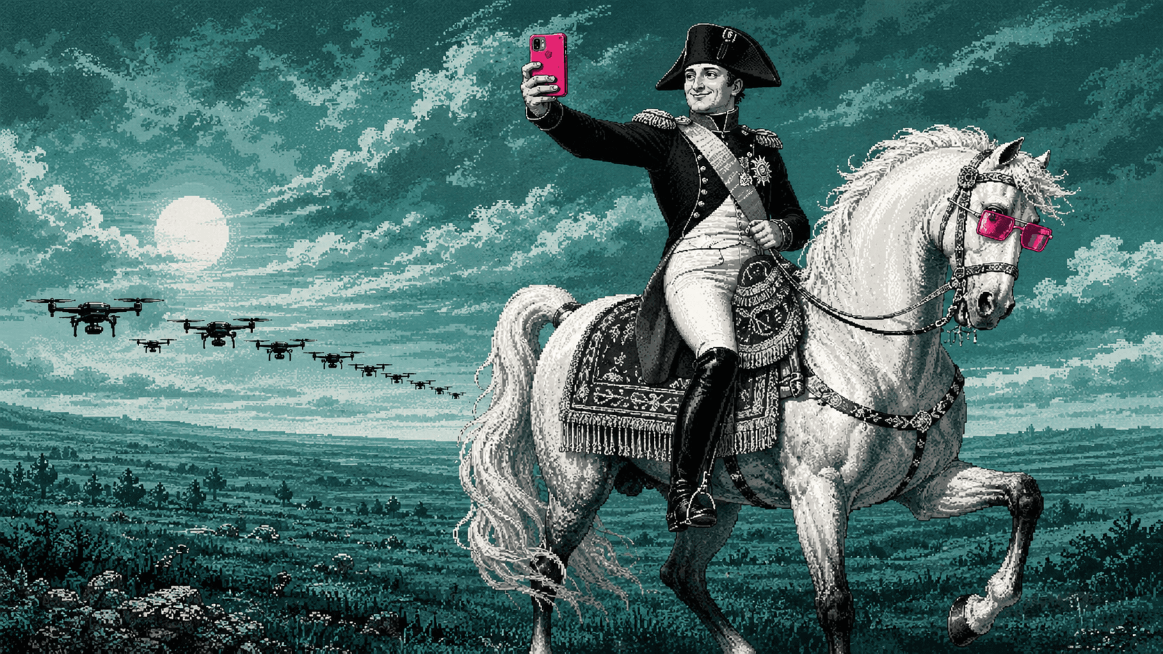 Timbre ZOOM SUR L'ACTU : Napoléon à cheval prenant un selfie au smartphone, en pixel art.