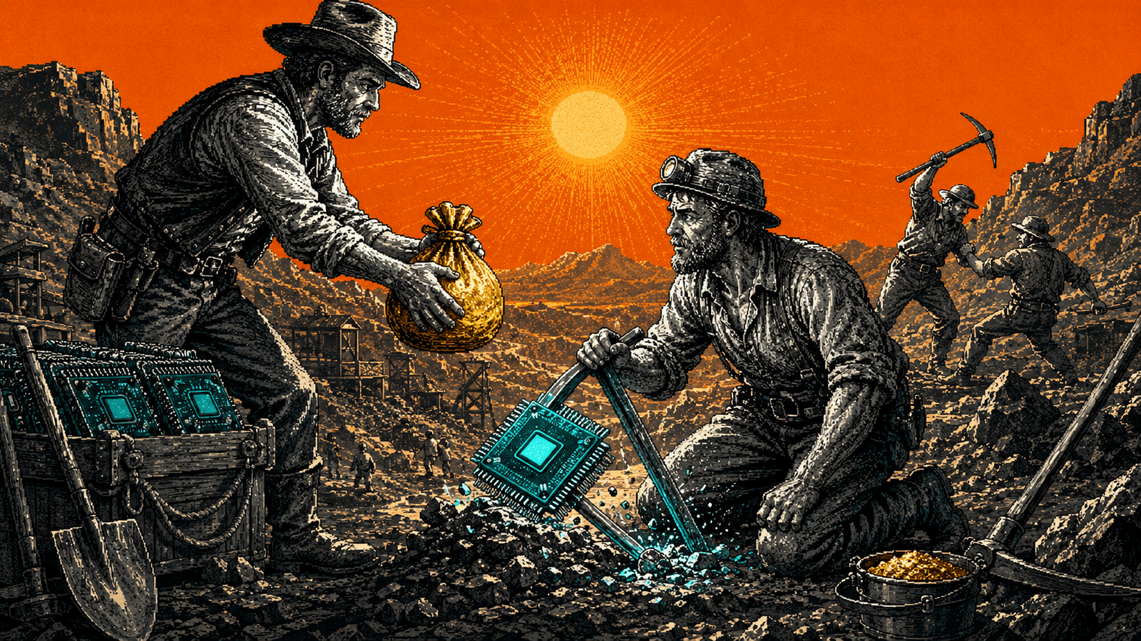 Illustration pixel art gravée : dans une ruée vers l'or au ciel orange saturé et soleil rayonnant, un marchand en noir et blanc tend un gros sac d'or à un prospecteur agenouillé dont la pioche est une puce électronique géante teal plantée dans la roche, tandis que deux chercheurs d'or rivaux se disputent la mine en arrière-plan.