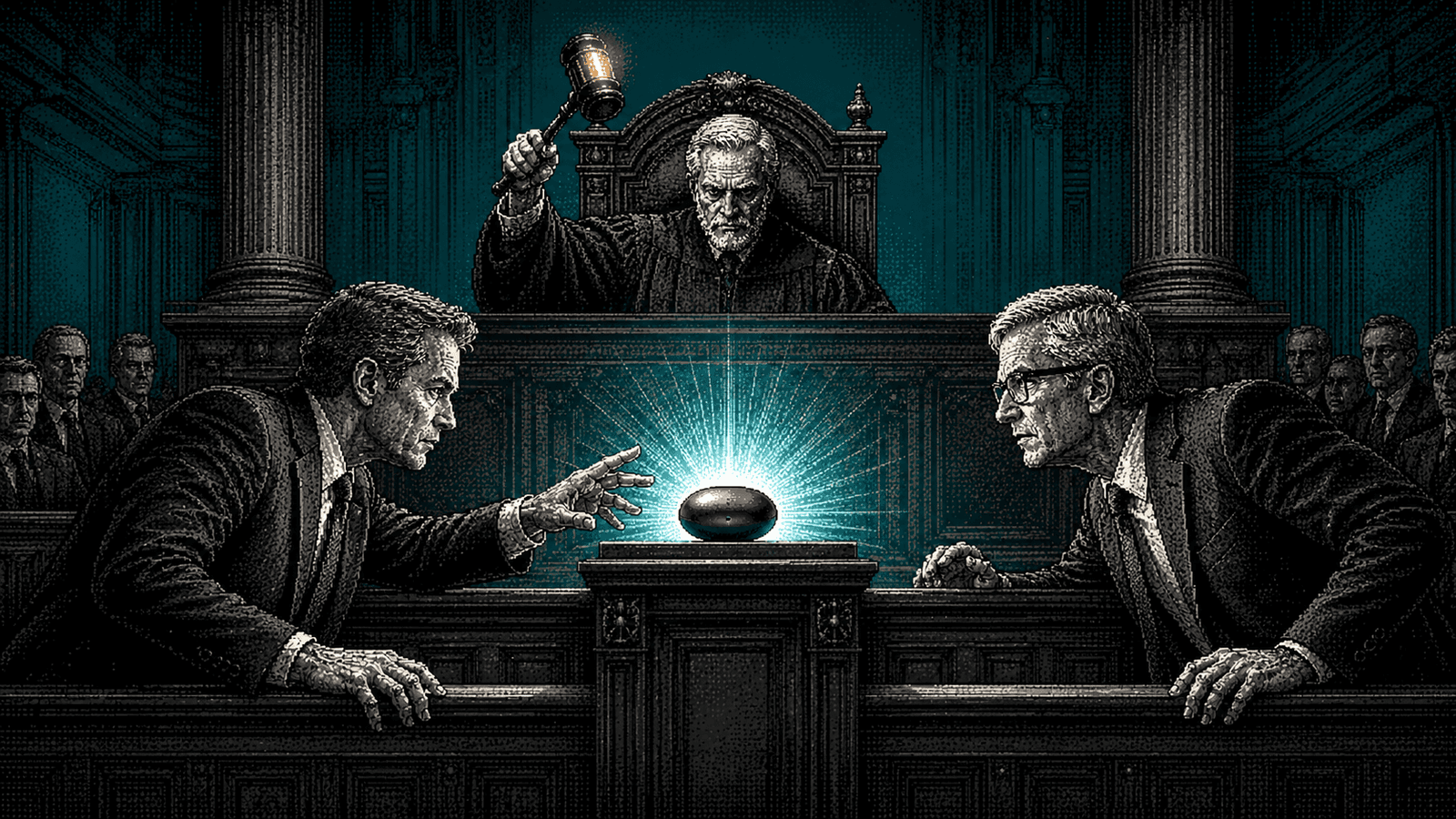Illustration pixel art gravée en noir et blanc sur fond teal profond : dans une salle d'audience antique à colonnes, un juge sévère en robe lève son marteau sur son estrade ; en contrebas, deux cadres rivaux en costume se penchent de part et d'autre vers un petit appareil électronique lisse et sans écran posé sur la barre des témoins, qui rayonne d'une vive lueur cyan comme un objet convoité ; une assemblée de silhouettes observe dans l'ombre.