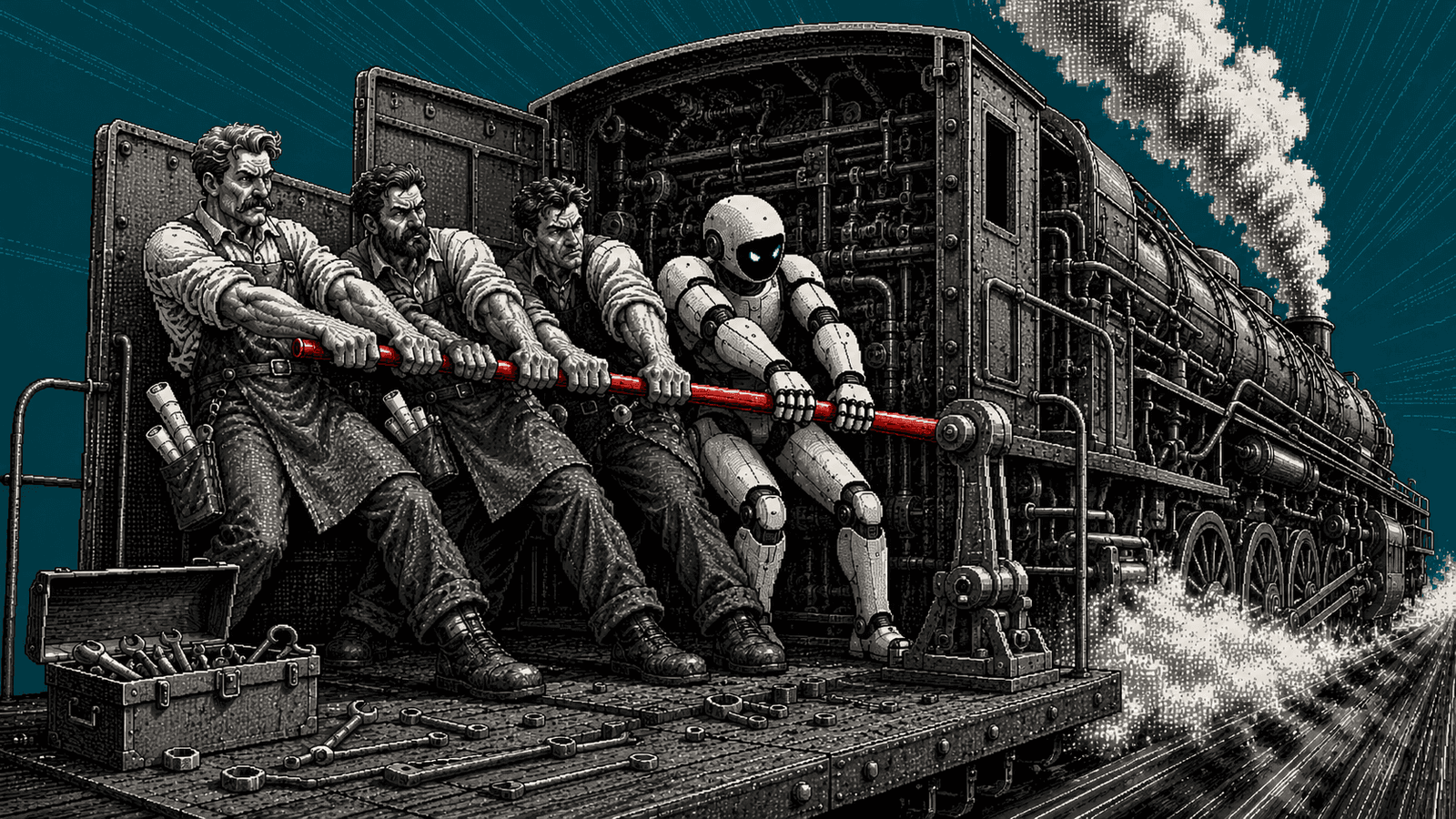 Illustration pixel art gravée : sur la plateforme d'une immense locomotive à vapeur lancée à pleine vitesse, trois ingénieurs en noir et blanc et un robot humanoïde blanc cassé aux yeux cyan tirent ensemble, corps inclinés et talons plantés, le même long levier de frein d'urgence rouge vif ; caisse à outils ouverte et clés éparpillées à leurs pieds, ciel teal profond traversé de rayons gravés.