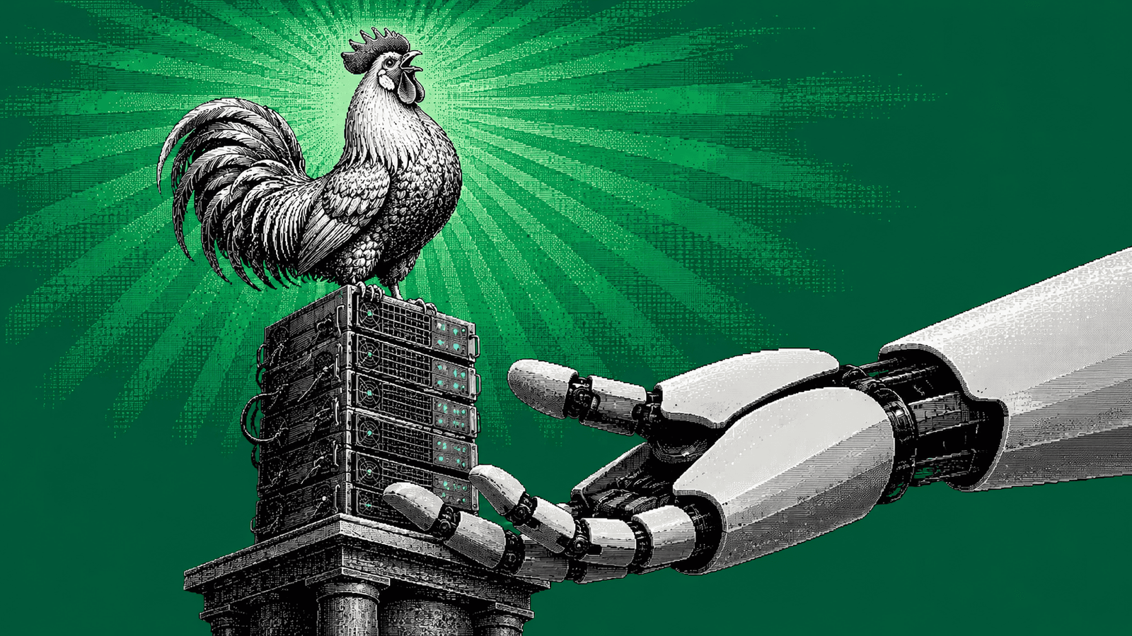 Illustration pixel art gravée : un coq monumental en noir et blanc, poitrail bombé et bec ouvert, chante au sommet d'une colonne de baies de serveurs piquetées de diodes cyan posée sur un socle de pierre antique, pendant qu'une immense main robotique aux panneaux blanc cassé et aux articulations noir mat entre par la droite du cadre pour l'épauler, devant un large aplat vert émeraude traversé de rayons gravés.