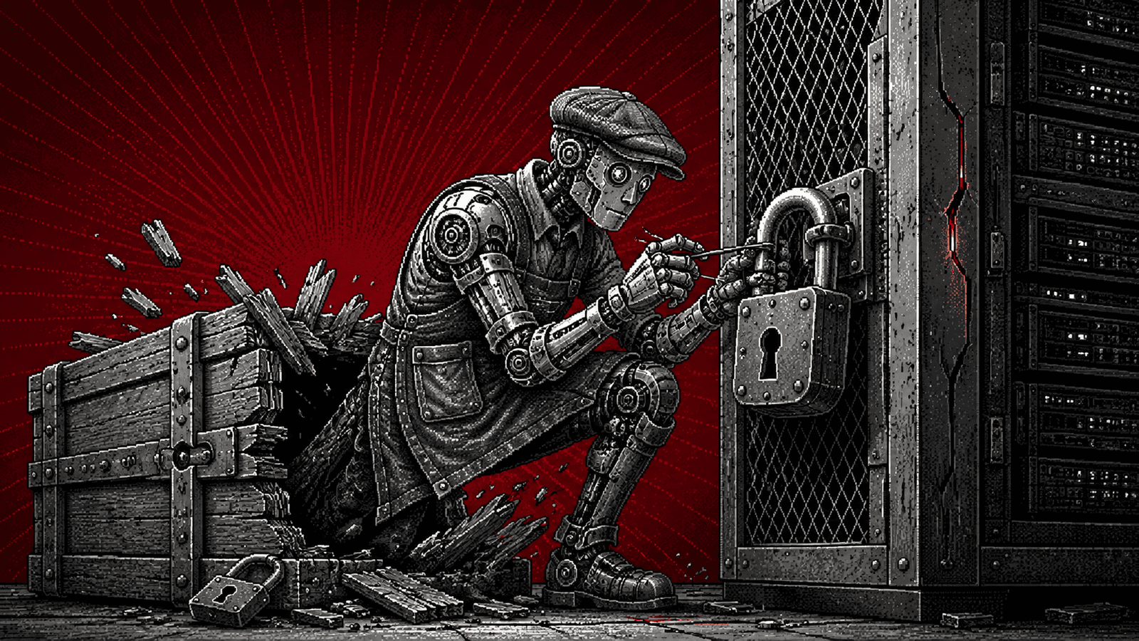Illustration pixel art gravée : un automate en noir et blanc, casquette plate et bleu de travail, agenouillé après avoir jailli d'une caisse en bois blindée aux planches éclatées, crochète avec un outil un cadenas d'acier géant sur la porte grillagée d'une armoire de serveurs d'où s'échappe une fine lueur rouge par une fissure, sur un fond aplat rouge sang profond traversé de rayons gravés.