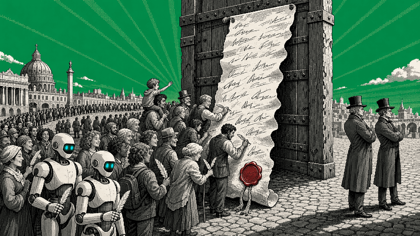 Illustration pixel art gravée : sur une vaste place pavée bordée d'un palais à dôme et d'une colonne monumentale, un immense parchemin couvert de signatures manuscrites et scellé d'un large sceau de cire rouge est cloué à un haut portail de bois cerclé de fer ; une foule dense et souriante s'étire en file jusqu'à l'horizon et signe à la plume d'oie, un enfant juché sur les épaules de son père tend le bras vers le document et deux robots humanoïdes blanc cassé aux yeux cyan attendent leur tour, une plume à la main, tandis qu'à droite, à l'écart et dans un espace vide, deux hommes en redingote et haut-de-forme se tiennent debout bras croisés, dos tourné au parchemin, sur un vaste aplat vert émeraude traversé de rayons gravés.