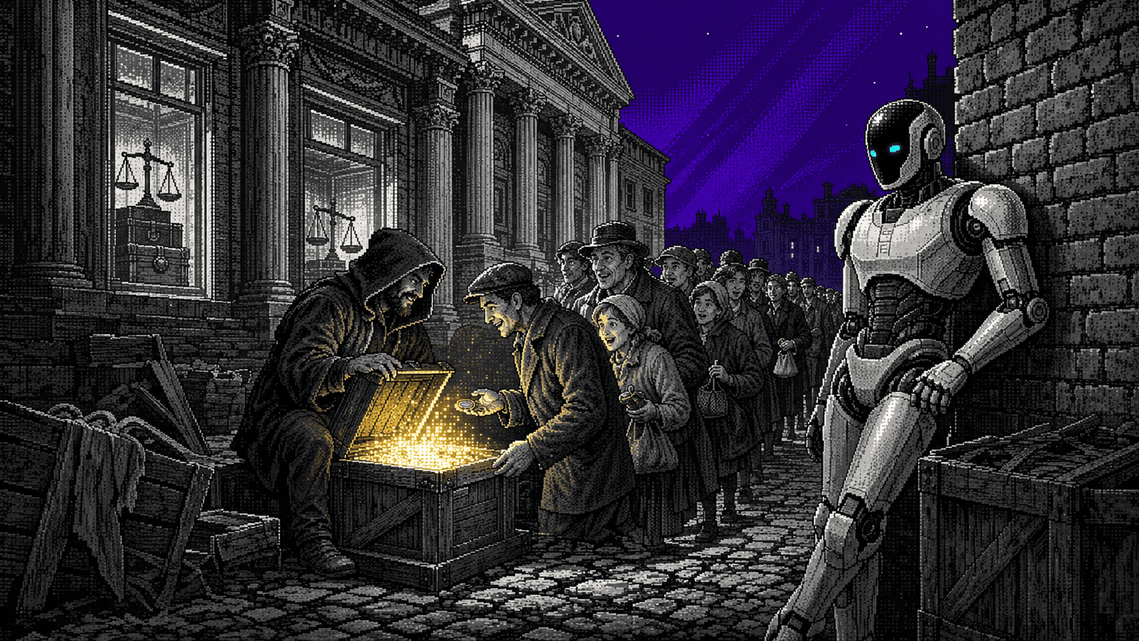 Illustration pixel art gravée : la nuit, dans une ruelle pavée qui longe la façade à colonnes d'un grand établissement néoclassique dont les vitrines éclairées exposent balances et coffres scellés, un marchand encapuchonné accroupi soulève le couvercle d'une caisse en bois d'où jaillit un torrent de lumière jaune d'or faite de pixels ; une longue file de gens ordinaires en manteaux et casquettes, cabas et bourses à la main, se presse pour tendre une piécette, une fillette et un vieil homme au premier rang le visage éclairé par la lueur, tandis qu'à droite un robot humanoïde blanc cassé aux deux yeux cyan, adossé au mur de brique, fait le guet près d'un empilement de caisses, sur un ciel nocturne en aplat violet profond traversé de rayons gravés.