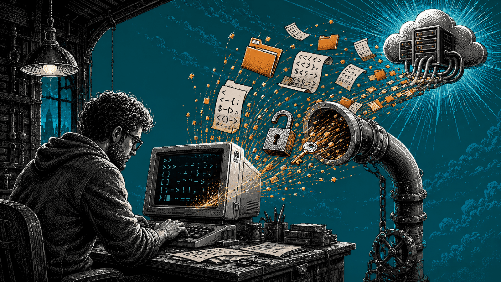 Illustration pixel art : un développeur gravé en noir et blanc, penché sur un vieux terminal dont l'écran affiche des symboles de code, ne voit pas qu'un grand tuyau-siphon mécanique aspire hors de son écran un flux de dossiers orange, de parchemins de code, d'un cadenas ouvert et d'une clé, vers un serveur niché dans un nuage ; fond teal profond rayonnant.