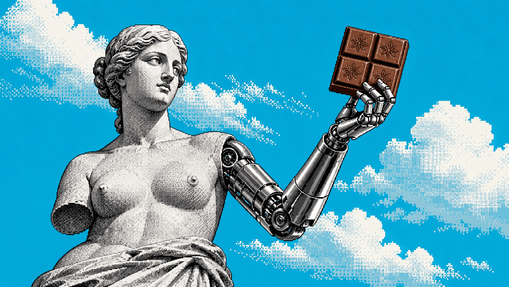 Timbre LAB TECHNIQUE : une Vénus antique au bras robotique tenant une tablette de chocolat, en pixel art.