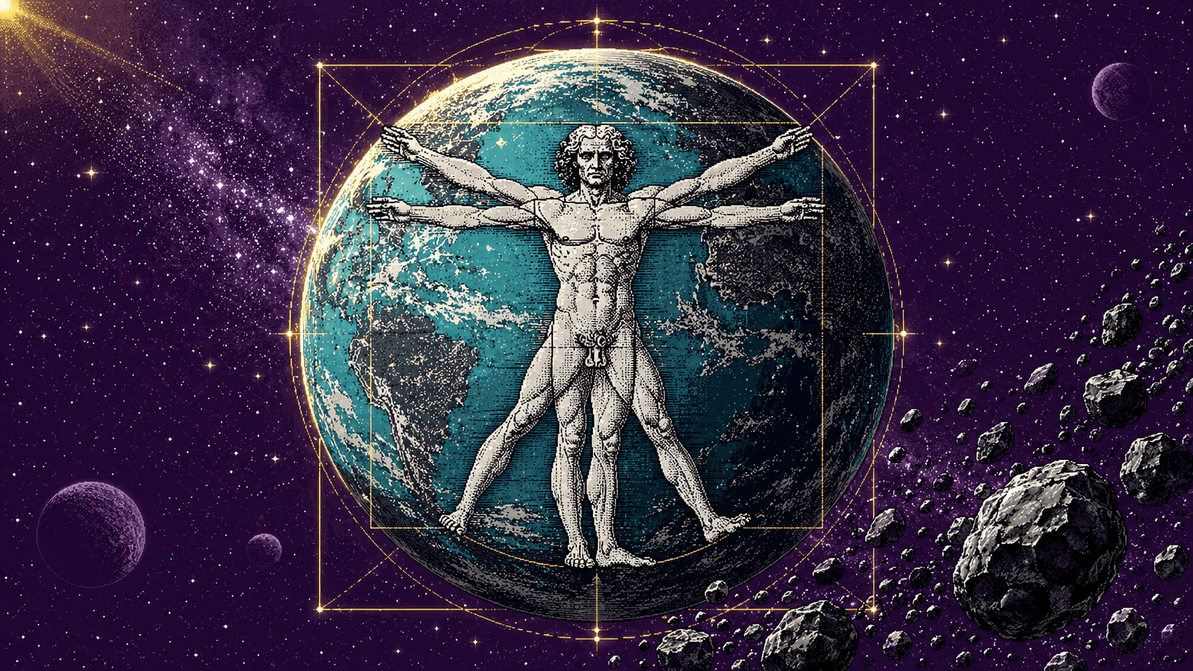 Timbre DÉCRYPTAGE : l'homme de Vitruve inscrit dans un globe terrestre sur fond de cosmos violet, en pixel art.
