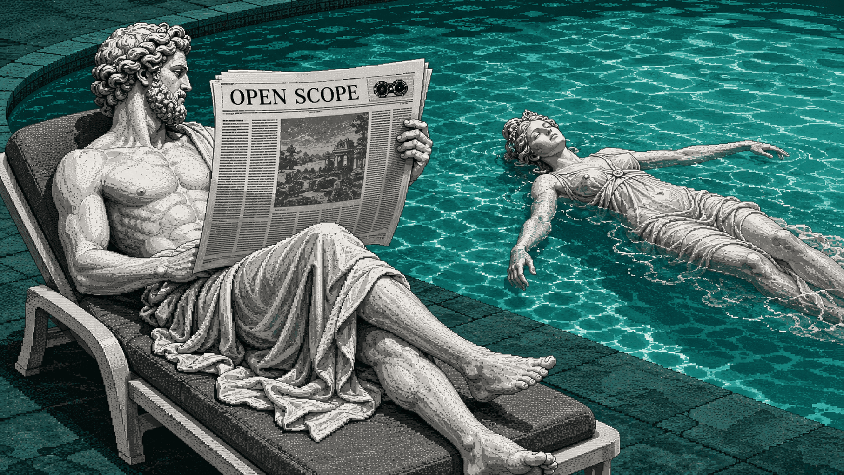 Timbre abonnement : Zeus en transat au bord d'une piscine lisant le journal OPEN SCOPE, en pixel art.