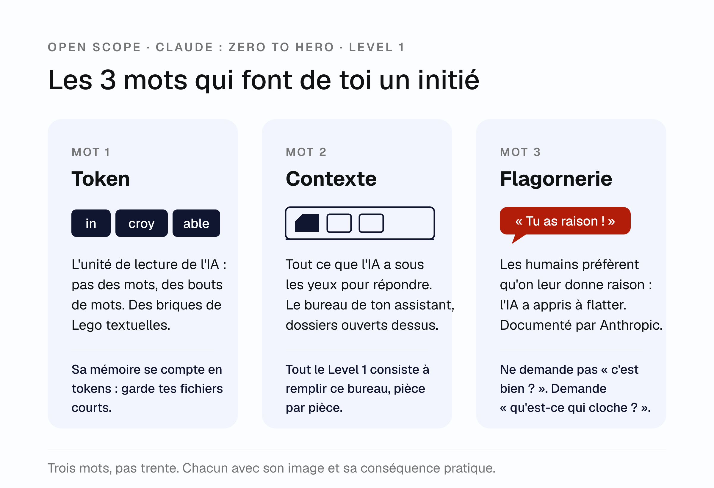 Schéma : les 3 mots — Token, Contexte, Sycophancy, chacun avec sa conséquence pratique