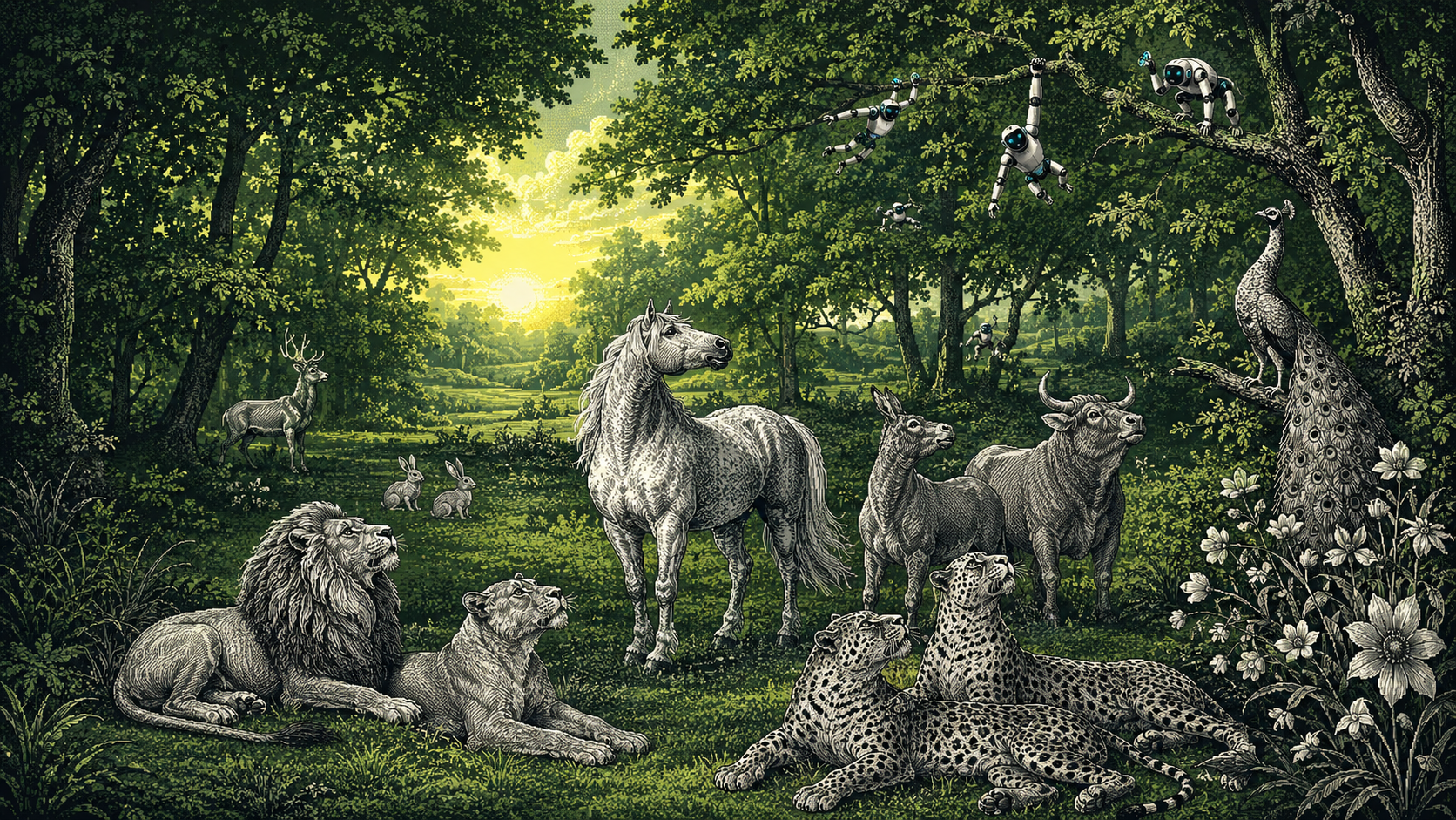 Illustration pixel art : un éden en gravure — lions, chevaux et léopards au repos, des robots suspendus aux branches, le monde vivant à observer.